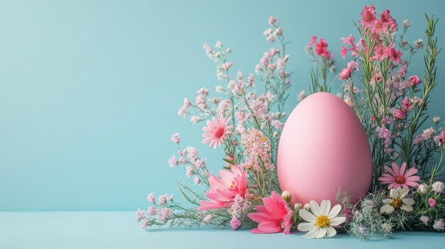 A pastel pink Easter egg nestled among delicate flowers on a soft pastel blue background celebrating the beauty of spring and festive traditions