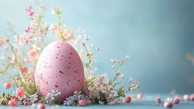 A pastel pink Easter egg nestled among delicate flowers on a soft pastel blue background celebrating the beauty of spring and festive traditions