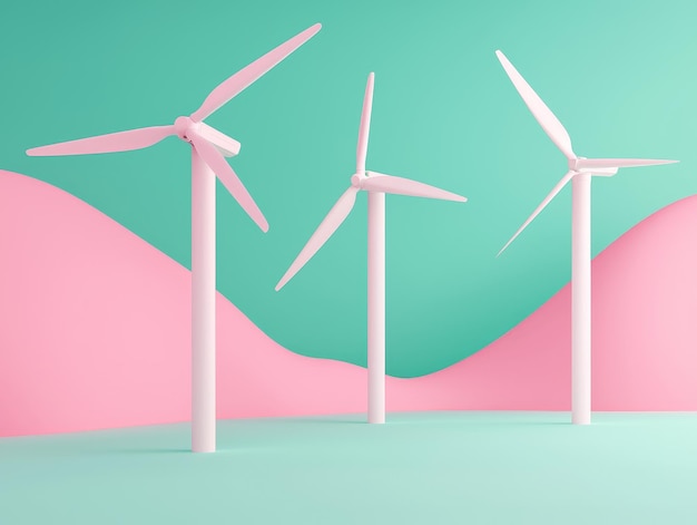 pastel pink and green 3d render of three wind turbines in a minimalist landscape