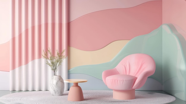 Pastel pink living room with curved wall and pink chair