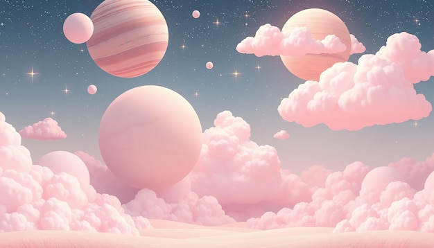 Pastel pink planets and clouds in a starry sky