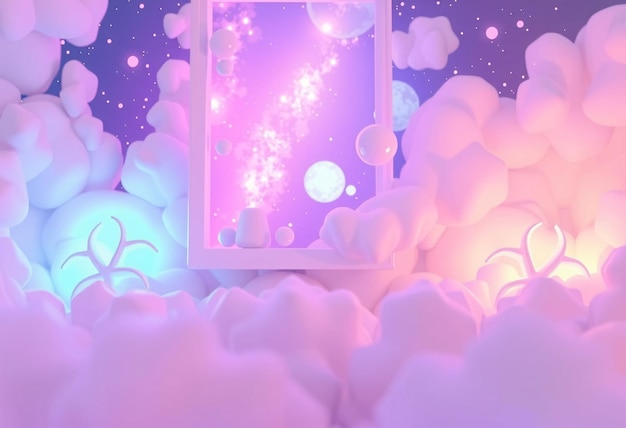 Photo pastel pink and purple cloud scene with a window into a dreamy night sky