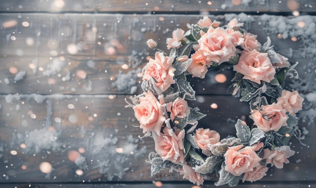 Photo pastel pink rose wreath in the snow on wooden background