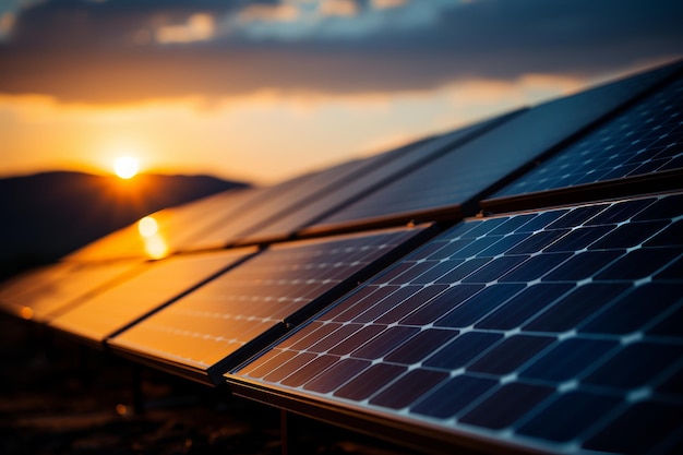 Pastel pink sunset glow on solar panels symbolizing solar energy and sustainable future