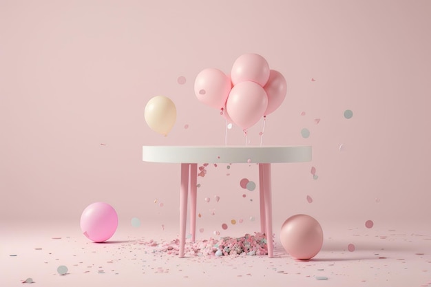 Pastel pink table with balloon frame and birthday confetti Illustration AI Generative