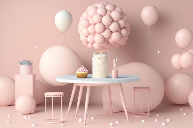 Pastel pink table with balloon frame and birthday confetti Illustration AI Generative