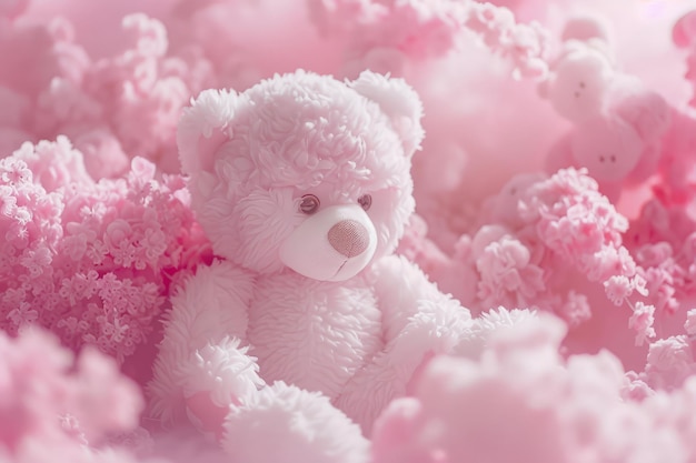 Pastel pink teddy bear among soft flowers