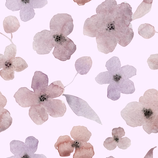 Pastel pink violet watercolor flowers on pink seamless pattern Elegant pale floral repeat print