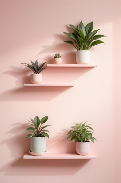 Pastel pink wall with stacked wall shelves vertical composition