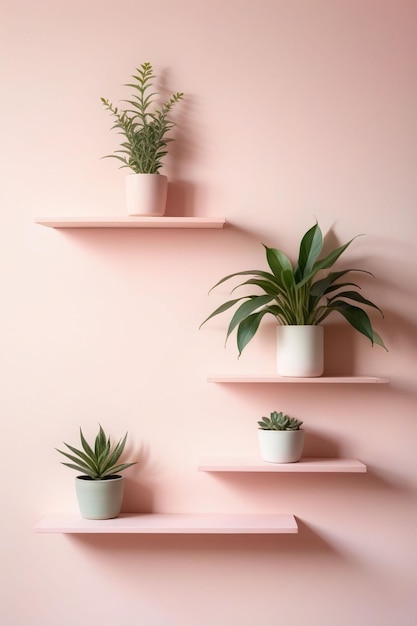 Pastel pink wall with stacked wall shelves vertical composition