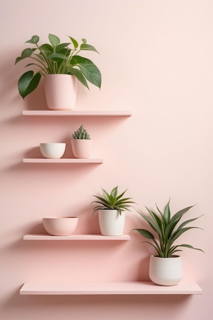 Pastel pink wall with stacked wall shelves vertical composition