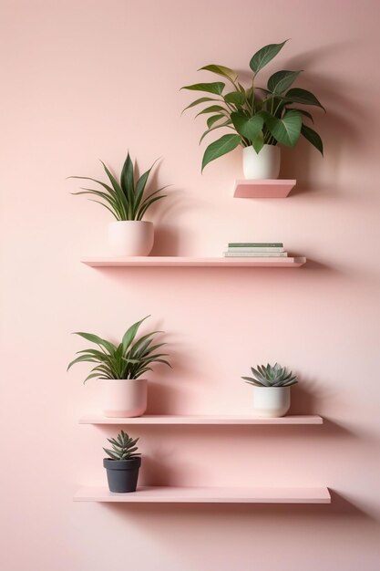 Photo pastel pink wall with stacked wall shelves vertical composition