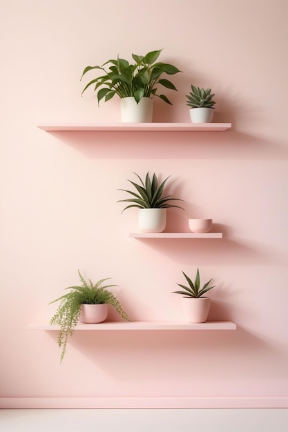 Pastel pink wall with stacked wall shelves vertical composition