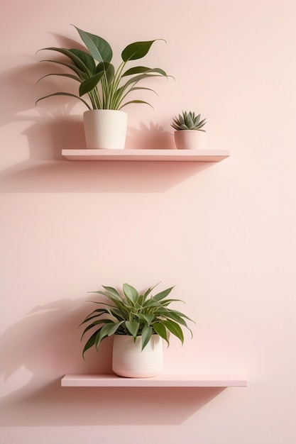 Pastel pink wall with stacked wall shelves vertical composition