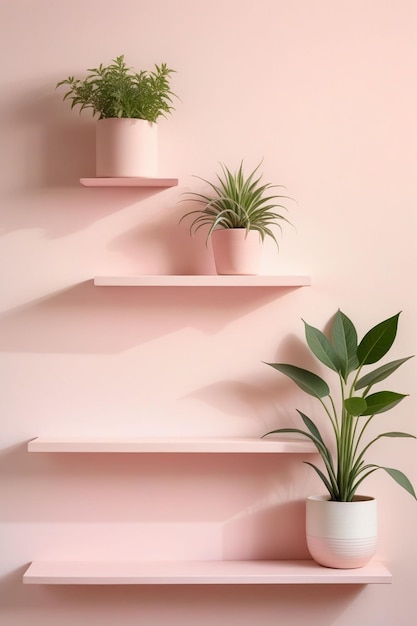 Pastel pink wall with stacked wall shelves vertical composition