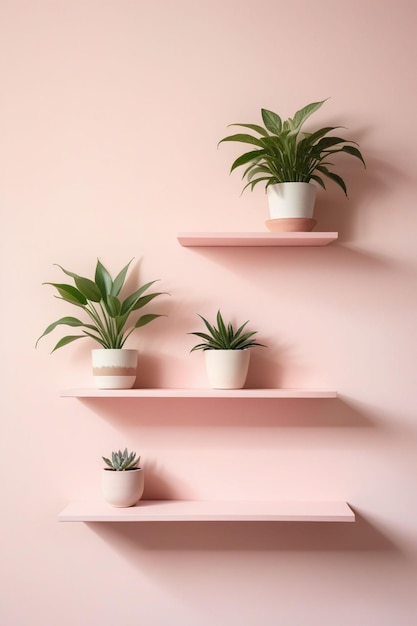 Pastel pink wall with stacked wall shelves vertical composition