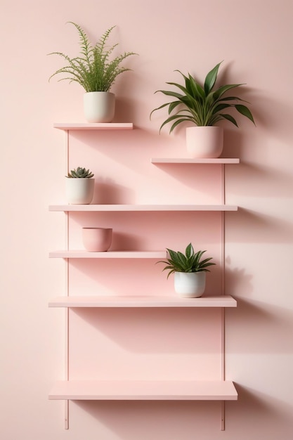 Photo pastel pink wall with stacked wall shelves vertical composition