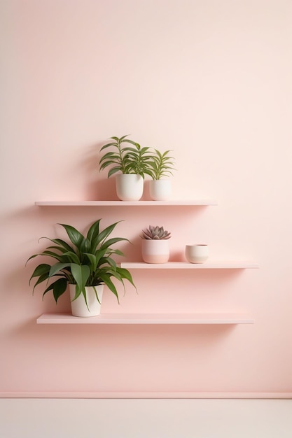 Pastel pink wall with stacked wall shelves vertical composition