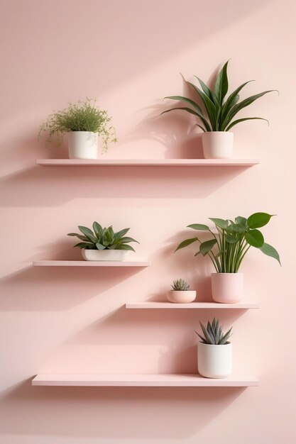 Pastel pink wall with stacked wall shelves vertical composition