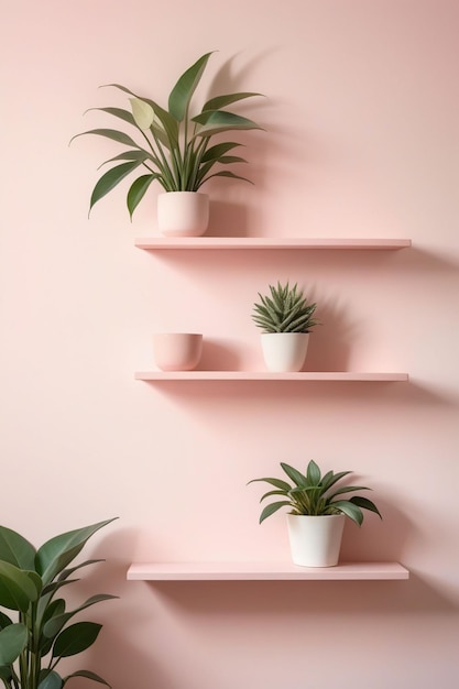 Pastel pink wall with stacked wall shelves vertical composition