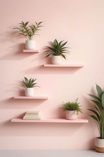 Pastel pink wall with stacked wall shelves vertical composition