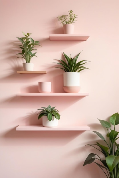 Pastel pink wall with stacked wall shelves vertical composition