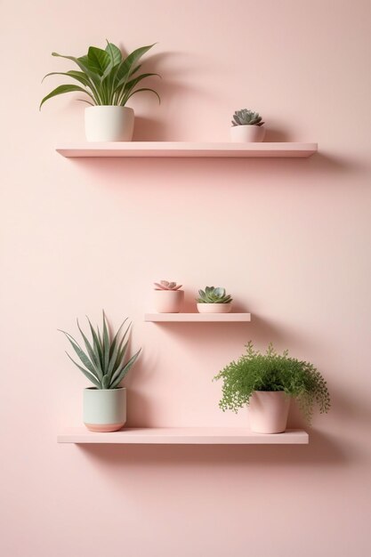 Photo pastel pink wall with stacked wall shelves vertical composition