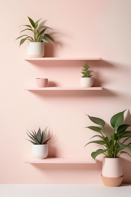 Pastel pink wall with stacked wall shelves vertical composition