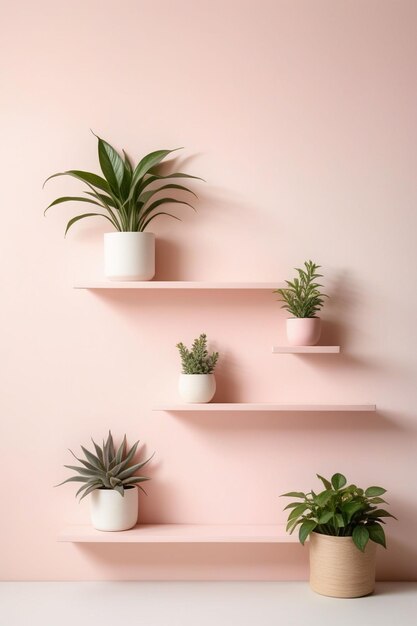 Pastel pink wall with stacked wall shelves vertical composition