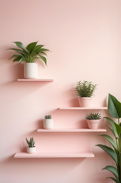 Pastel pink wall with stacked wall shelves vertical composition