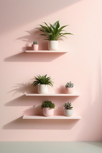 Photo pastel pink wall with stacked wall shelves vertical composition