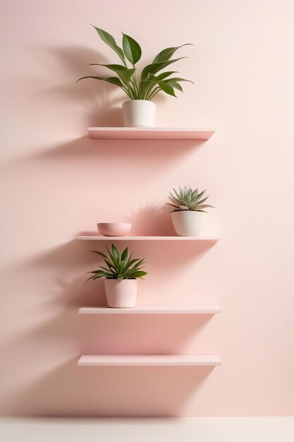 Photo pastel pink wall with stacked wall shelves vertical composition