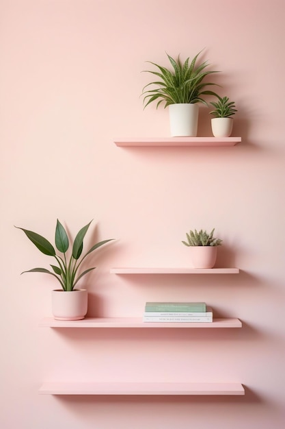 Pastel pink wall with stacked wall shelves vertical composition