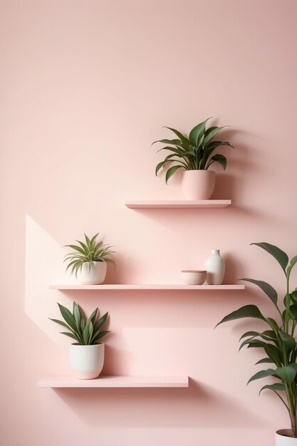 Pastel pink wall with stacked wall shelves vertical composition