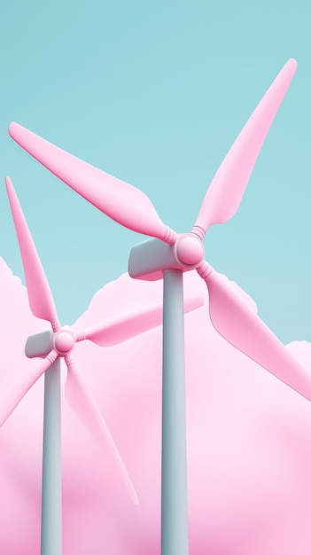 pastel pink wind turbines 3d render eco friendly energy concept minimalist design blue and pink background sustainable technology illustration