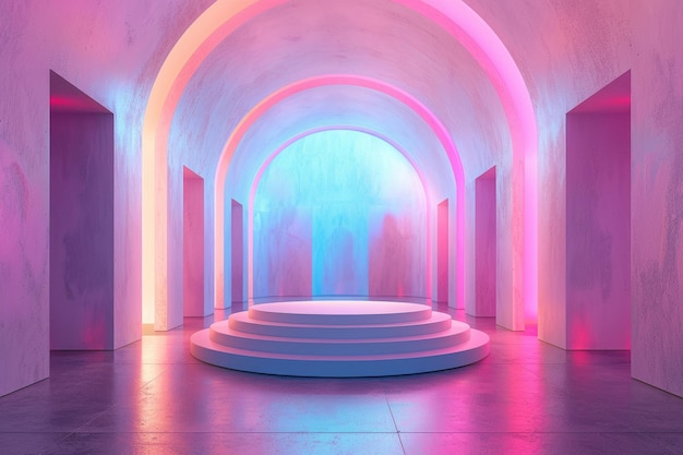 Pastel Podium in a NeonLit Hallway