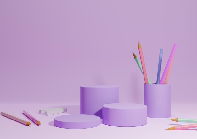 Pastel purple  Back to school product display three podium stand from side with pencils and chalk on