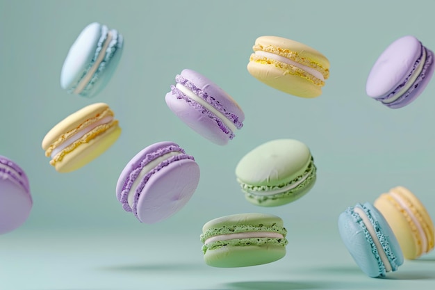 pastel purple green blue cream and yellow coloured macaroons floating in the air banner background