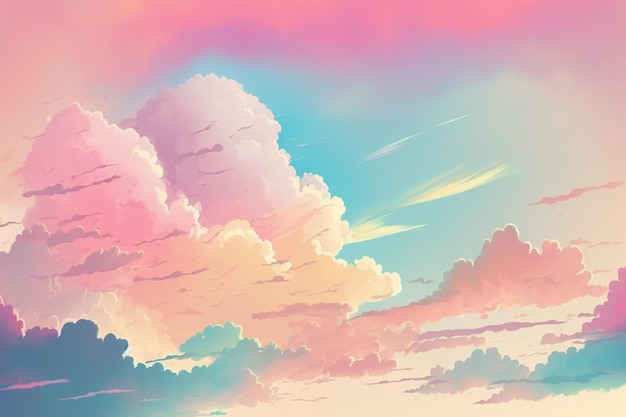 A pastel sky with clouds and a rainbow.