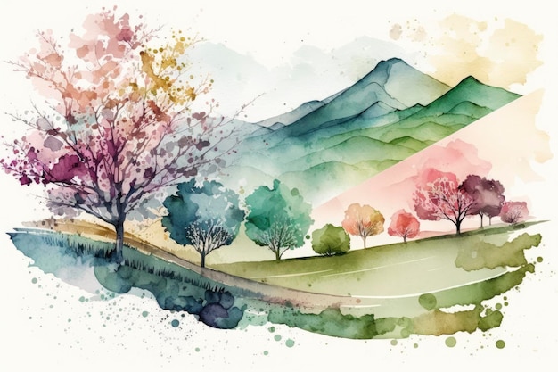 Pastel Spring Hills Watercolor Landscape