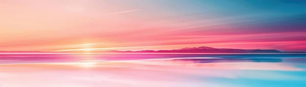 pastel sunset over calm ocean with distant island pink and blue hues reflecting in the water