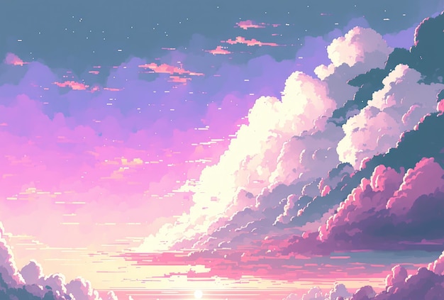 Pastel sweet blue pink sky pixel art style background with copy space