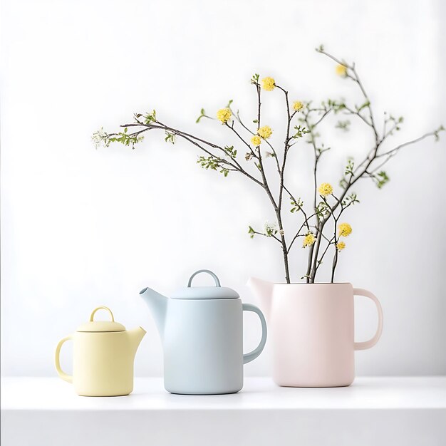 Photo pastel teapots with yellow flowers on a white background