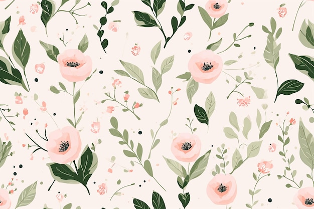 Pastel tender pink floral seamless pattern vector Digital paper with green leaves bushes plants on light pink candy beige background Summer print for fabric wrapping paper baby apparel