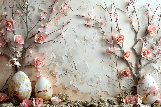 Pastel Toned Easter Eggs and Floral Arrangement on Textured Surface with Branches