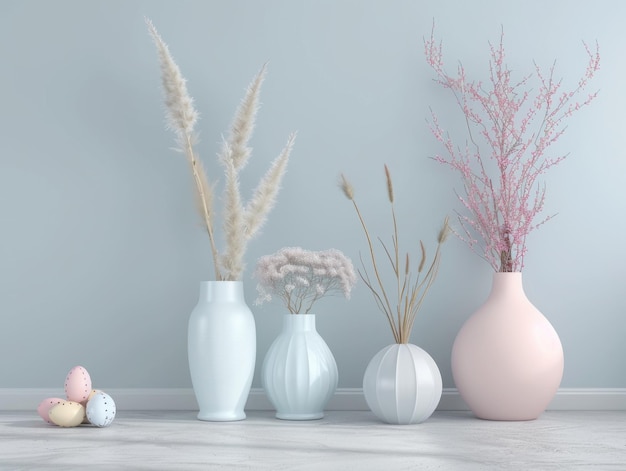 Photo pastel vases with flowers and painted eggs