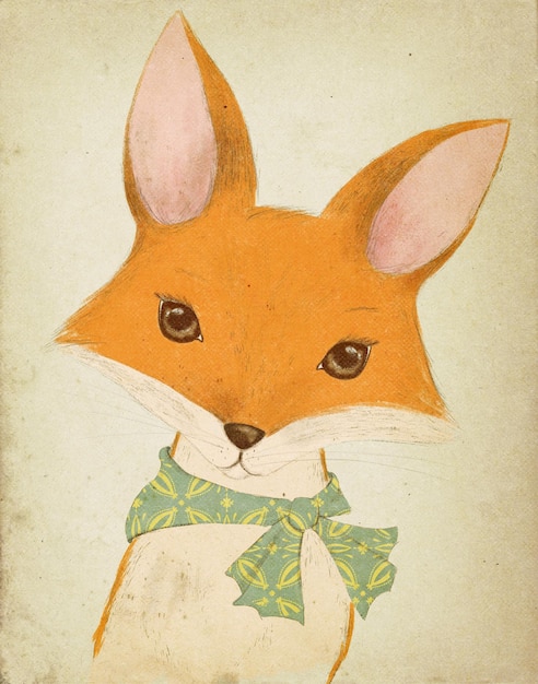 Pastel vintage fox drawing cute baby animal kids birthday card illustration for children's books