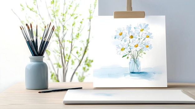 Photo pastel watercolor painting of daisies on wooden drawing table with soft shading and serene floral design