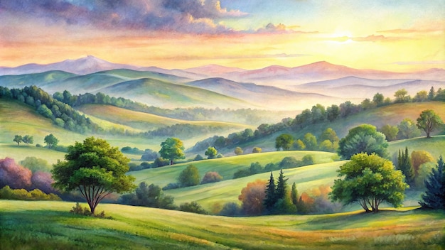 Pastel watercolor painting of serene landscape with rolling hills and distant mountains watercolor pastel landscape