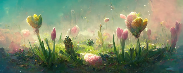 Pastel watercolor spring landscape with flowers Generative AI